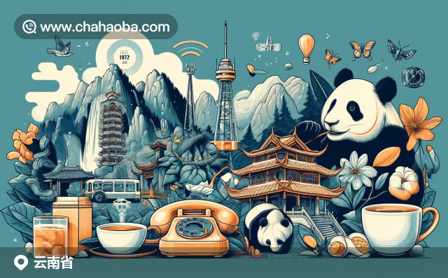 云南省插圖，包含石林、玉龍雪山、傣族建筑、熊貓、茶園和米線，以及電話通信元素如電話機和信號塔。