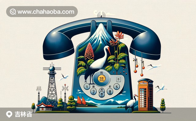 吉林市0432區(qū)號插圖，包含松花江、隕石博物館、霧凇節(jié)等地標和通信元素