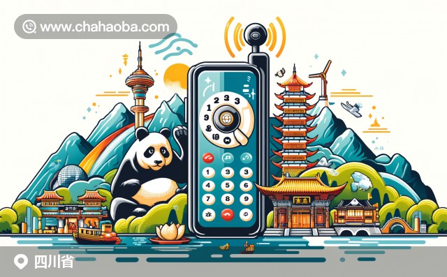 展示四川省電話區(qū)號的現(xiàn)代插圖，有大熊貓、樂山大佛和火鍋等元素