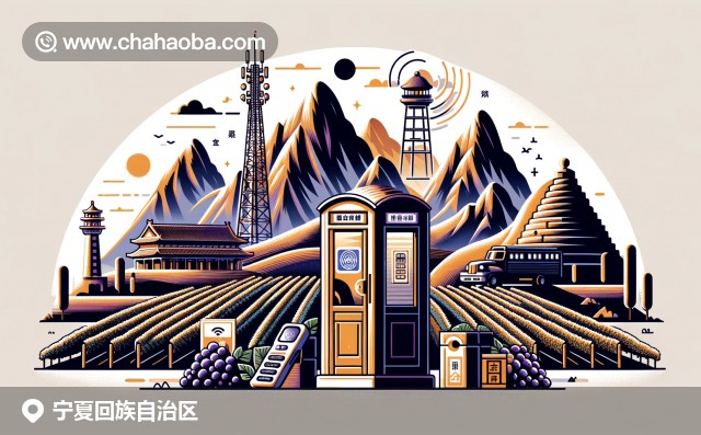 寧夏回族自治區(qū)的現(xiàn)代插圖，包含賀蘭山、西夏王陵、電話亭和葡萄園等元素。