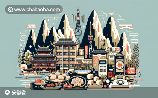 安徽省的黃山、徽派建筑和臭豆腐，與電話(huà)機(jī)和信號(hào)塔相結(jié)合的插圖。