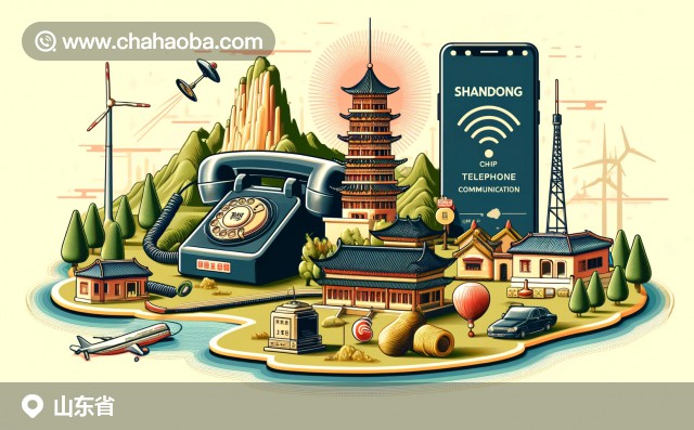 泰山、孔廟和青島海濱景色與電話通信元素結(jié)合的山東省現(xiàn)代插圖