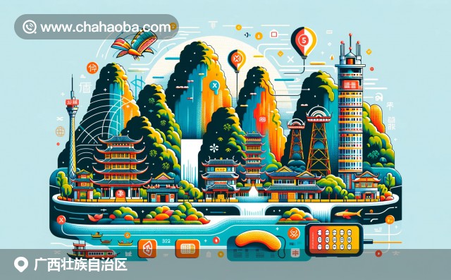 一部手機(jī)屏幕上顯示信號(hào)塔和SIM卡，背景有桂林喀斯特山脈和德天瀑布