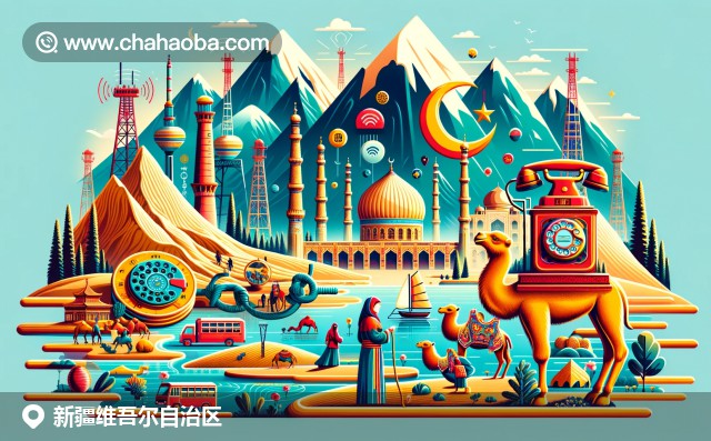  新疆維吾爾自治區(qū)的現(xiàn)代插圖，包含火焰山、天山天池和艾提尕爾清真寺等地標(biāo)，電話通訊元素及文化特色。 
