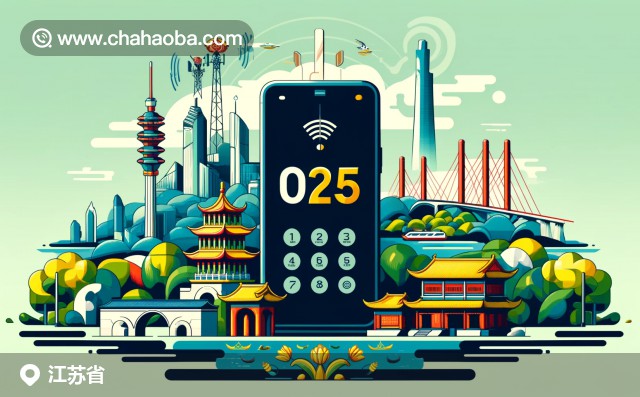 江蘇省電話區(qū)號025插圖，包含南京長江大橋、中山陵、古城墻、通訊塔和手機元素。