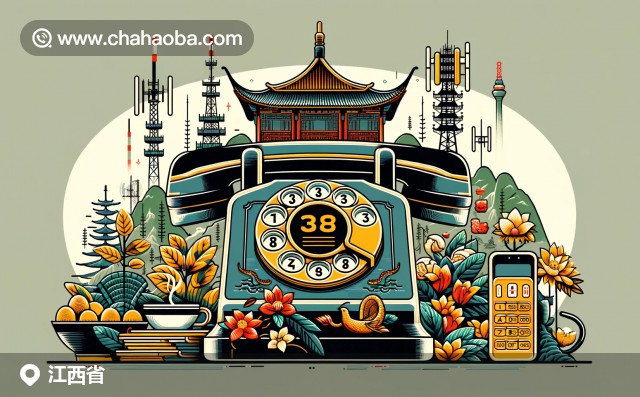 江西省電話區(qū)號插圖，包含滕王閣、廬山、老式電話、信號塔和SIM卡等元素。