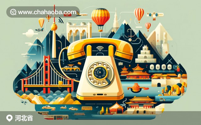 河北省特色插圖，包含電話元素和長(zhǎng)城、趙州橋等地標(biāo)