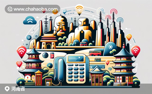 河南省電話區(qū)號(hào)插圖，包含龍門石窟、少林寺和黃河等地標(biāo)，融合了座機(jī)電話、手機(jī)信號(hào)塔、電話亭和SIM卡等通信元素。