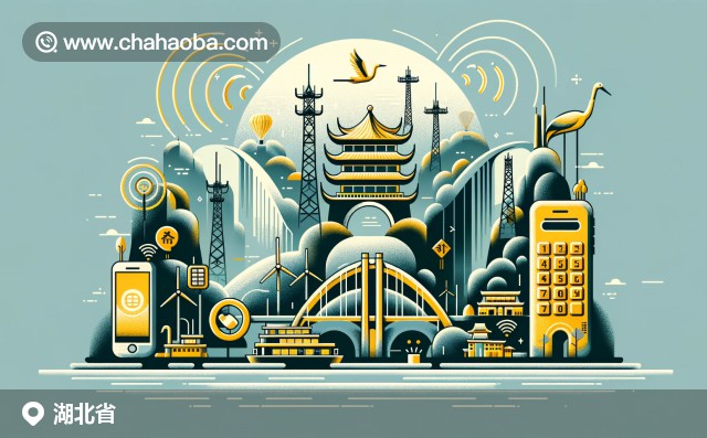 湖北省電話主題插圖，黃鶴樓、三峽大壩和通訊元素