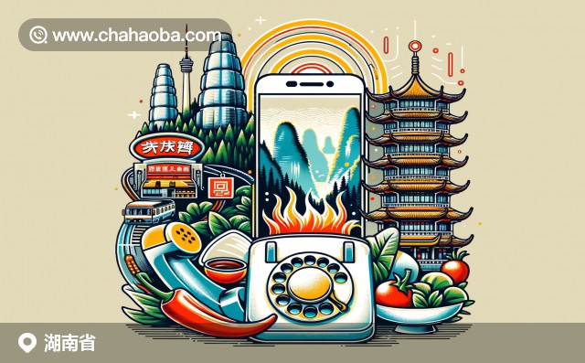湖南省電話區(qū)號插圖，展示張家界、岳陽樓、湘菜、旋轉(zhuǎn)撥號電話、現(xiàn)代手機(jī)和SIM卡。