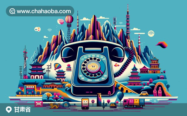 甘肅省電話區(qū)號(hào)插圖，包含莫高窟、長城和麥積山石窟的元素，融合信號(hào)塔和SIM卡。