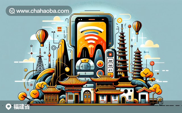福建省電話主題插圖，包含鼓浪嶼、武夷山、土樓和通訊元素