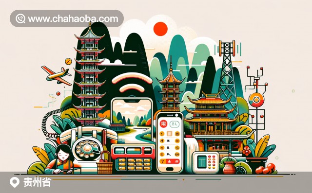 貴州省電話區(qū)號插圖，包含黃果樹瀑布、喀斯特山脈、苗族服飾、電話機和手機等元素