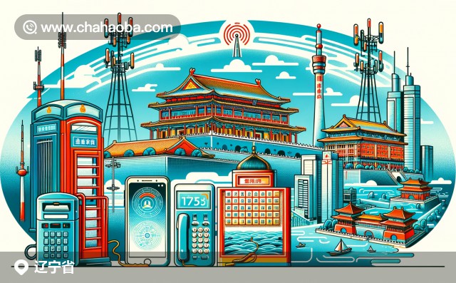 遼寧省的插圖，展示了沈陽故宮、大連星海廣場和電話通訊元素