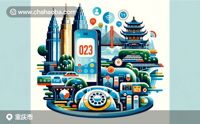 現代插畫風格展示重慶市和電話區(qū)號023，包含重慶地標和通訊元素