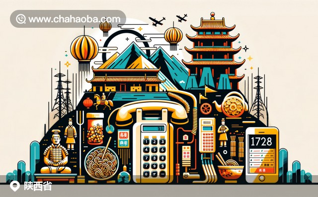 陜西省電話區(qū)號插圖，包含兵馬俑、華山、油潑面和通信元素。
