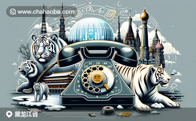 黑龍江省的現(xiàn)代插畫，展示冰雪大世界、西伯利亞虎、圣索菲亞大教堂、旋轉(zhuǎn)撥號(hào)電話、現(xiàn)代手機(jī)和SIM卡。